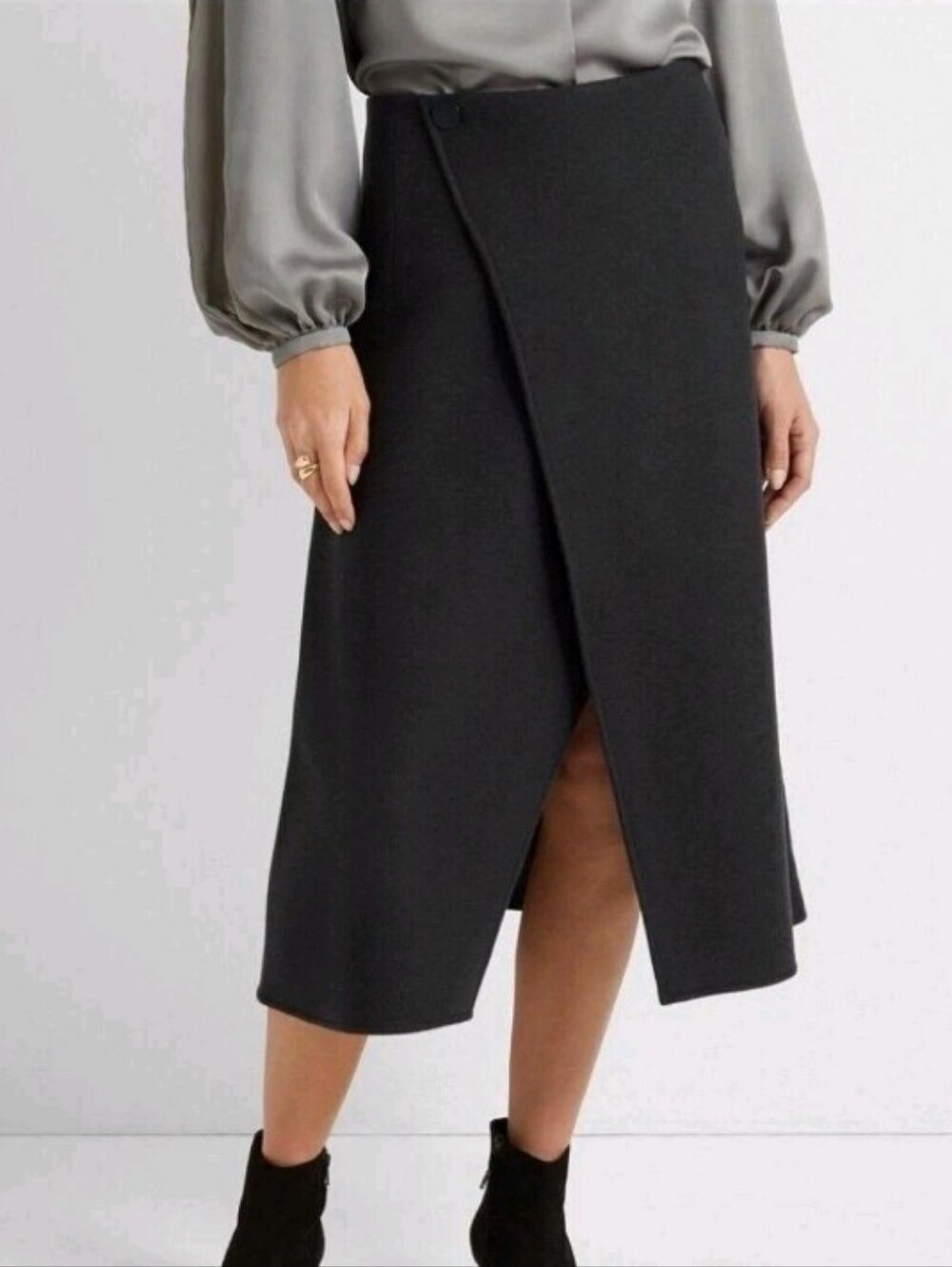 Club Monaco Black Wrap-Front Cutaway Midi Skirt Charcoal